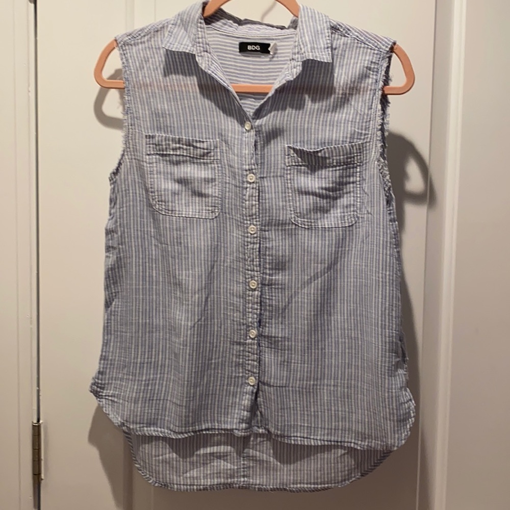 Striped Blue and White Sleeveless Button Down top
